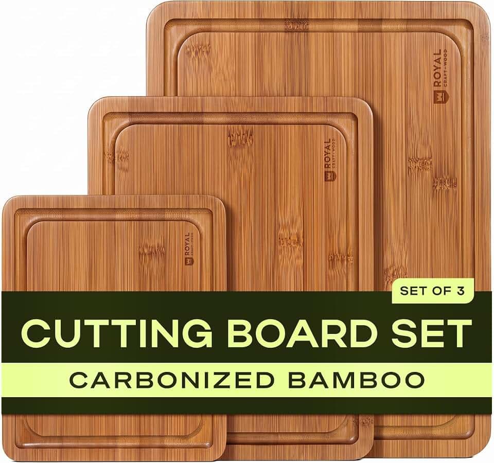 ROYAL CRAFT WOOD Wooden Cutting Boards for Kitchen Meal Prep & Serving - Bamboo Non Toxic Cutting Board Set with Deep Juice Groove Side Handles - Charcuterie & Chopping Butcher Block for Meat (3 Pcs)