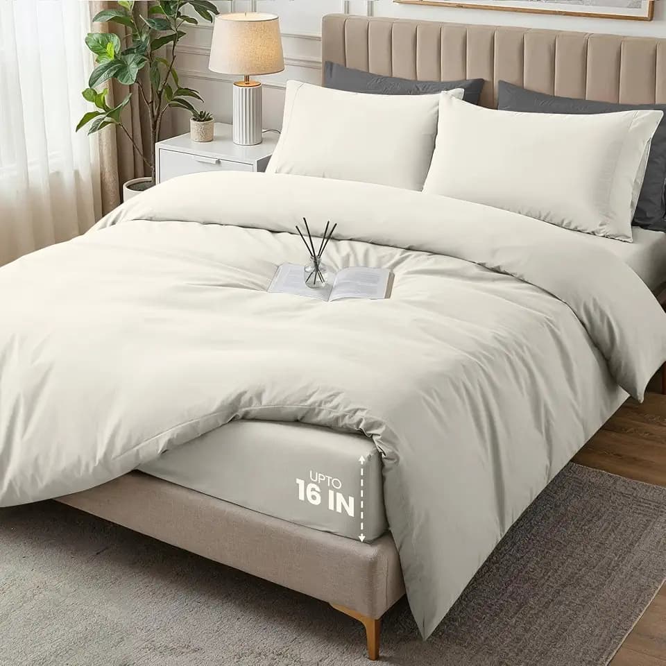Duvet Cover Queen, 4 PC Cotton Like Polyester with Zipper Closure, Ivory
