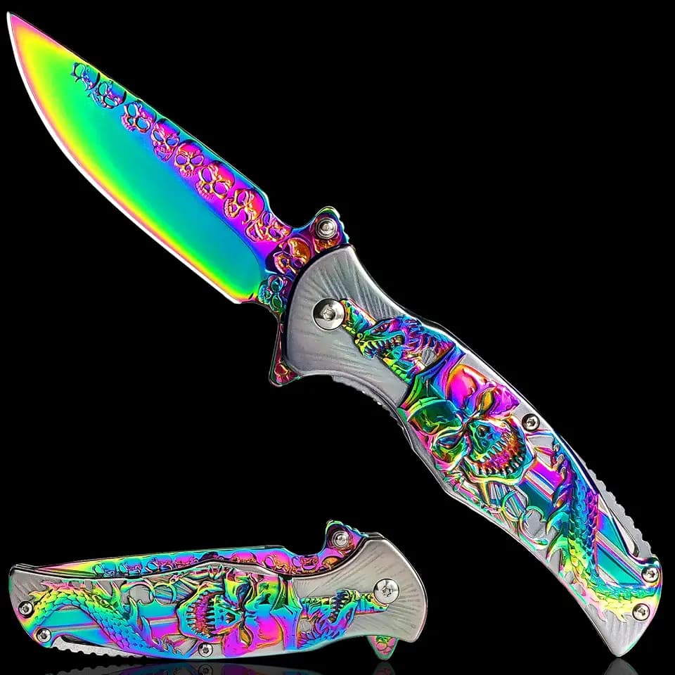 skull Pocket Knife, Cool Rainbow Pocket Folding Knife, 3D TITANIUM-PLATED SKULL EDC knife For Men Outdoor Survival Camping, Great festival Christmas Gift (Rainbow)