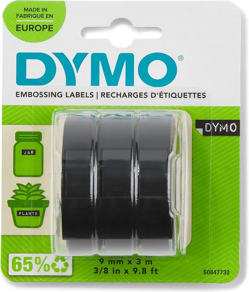 DYMO Original Prägeband | 3D weiß auf schwarz | 9 mm x 3 m | selbstklebendes Kunststoff Etikettenband | für Junior & Omega Beschriftungsgerät | 3 Prägebänder