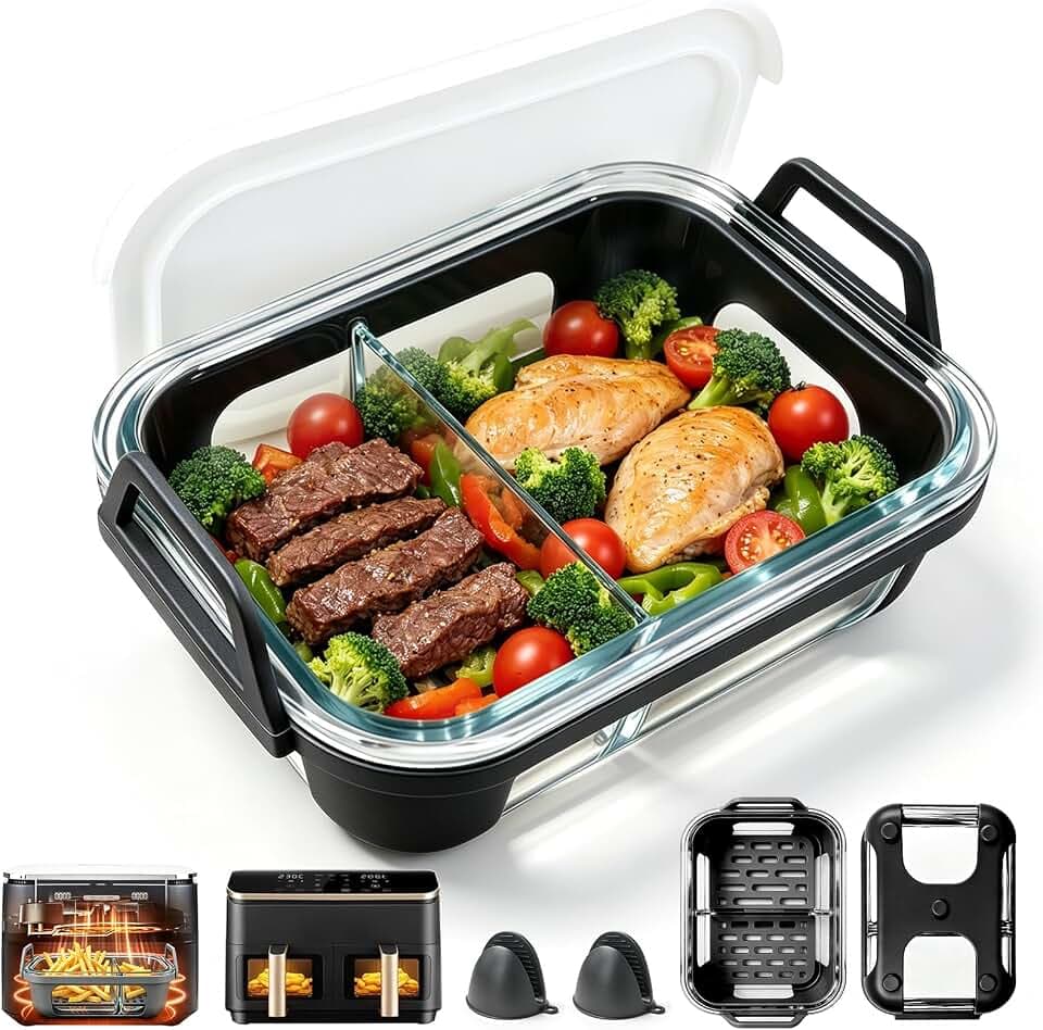 Auflaufform Airfryer für Ninja AF400EU/SL400EU/Cosori Heißluftfritteuse 2 kammern, Glas Auflaufform für Airfryer Mit Deckel & Silikon Ofenhandschuhe, Herausnehmbarer Silikonring für Heißluftfritteuse