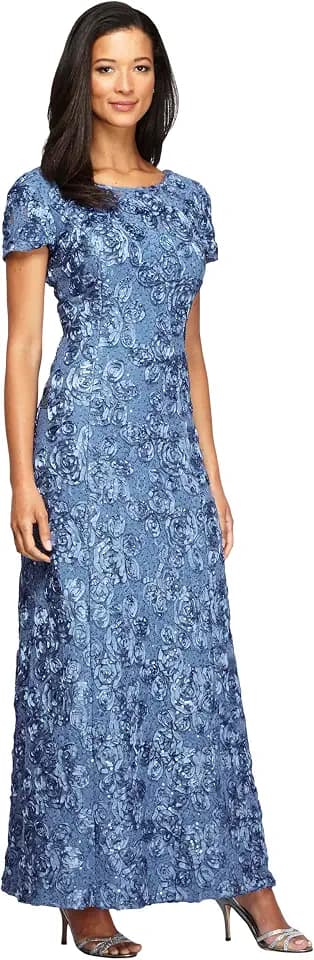 Alex Evenings Women's Long Rosette Mother of The Bride Dress with Short Sleeves