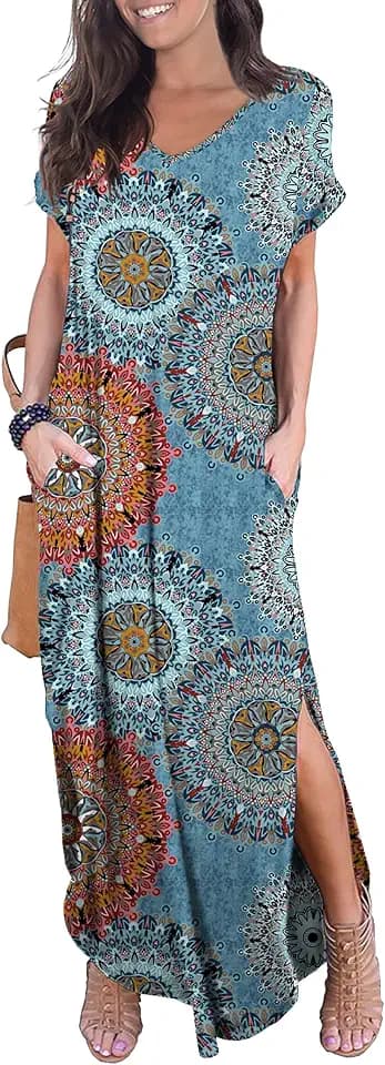GRECERELLE Damen Sommer Maxi Casual Langes Kleid Lose Kurzarm Blumendruck Maxikleid mit Tasche, A16 Mix Blue Floral, X-Large