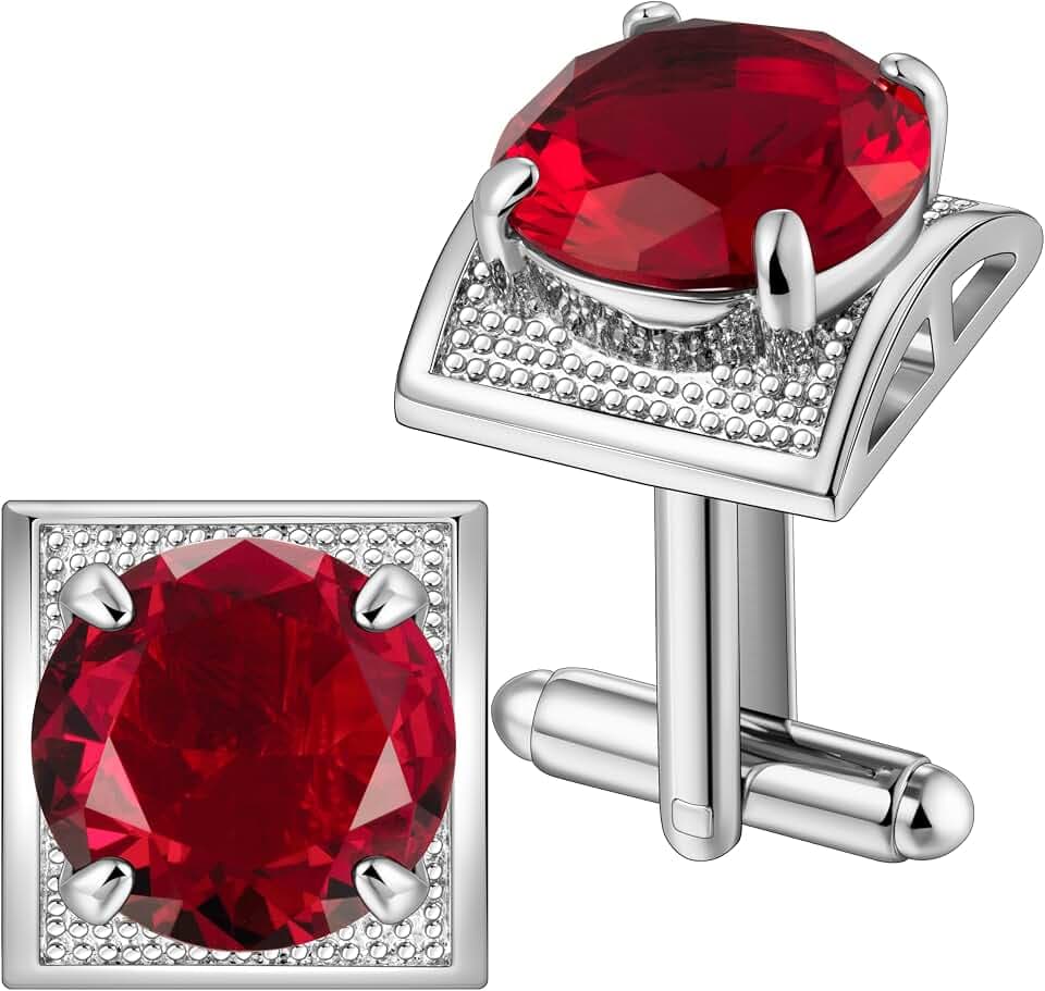 HAWSON Large Silver Birthstone Cuff Links Mens, Colorful Gem Cufflinks for Shirt Suit Accessories, Birthday Anniversary Wedding Gifts for Groommens Husband Father
