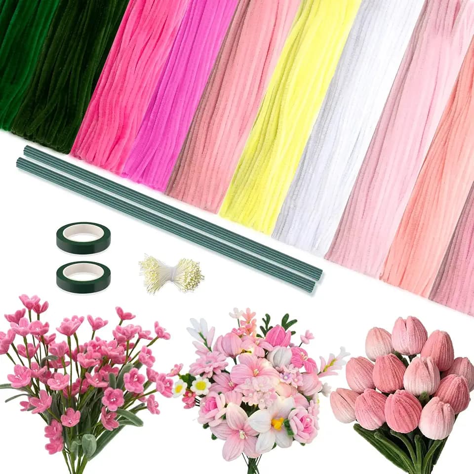 Peryiter 1402 Pcs Pipe Cleaners Flowers Set 1000 Pcs 10 Colored 12 Inch Chenille Stems for Tulip Bouquet Making Art DIY Craft Projects Creative Gift Party Wedding Decorations(Pink Flower)
