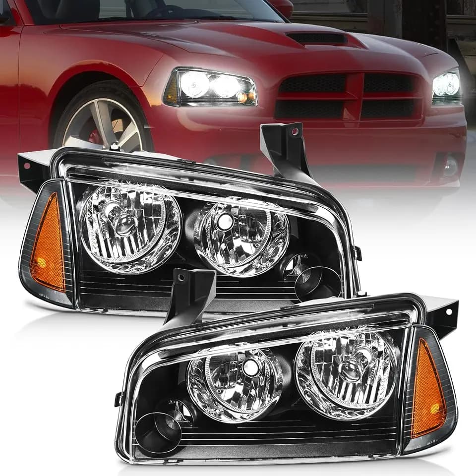 Nilight Headlight Assembly Compatible with 2006 2007 2008 2009 2010 Dodge Charger Black Housing Amber Reflector Clear Lens Headlights Replacement Bumper Lamp Set Driver and Passenger Side