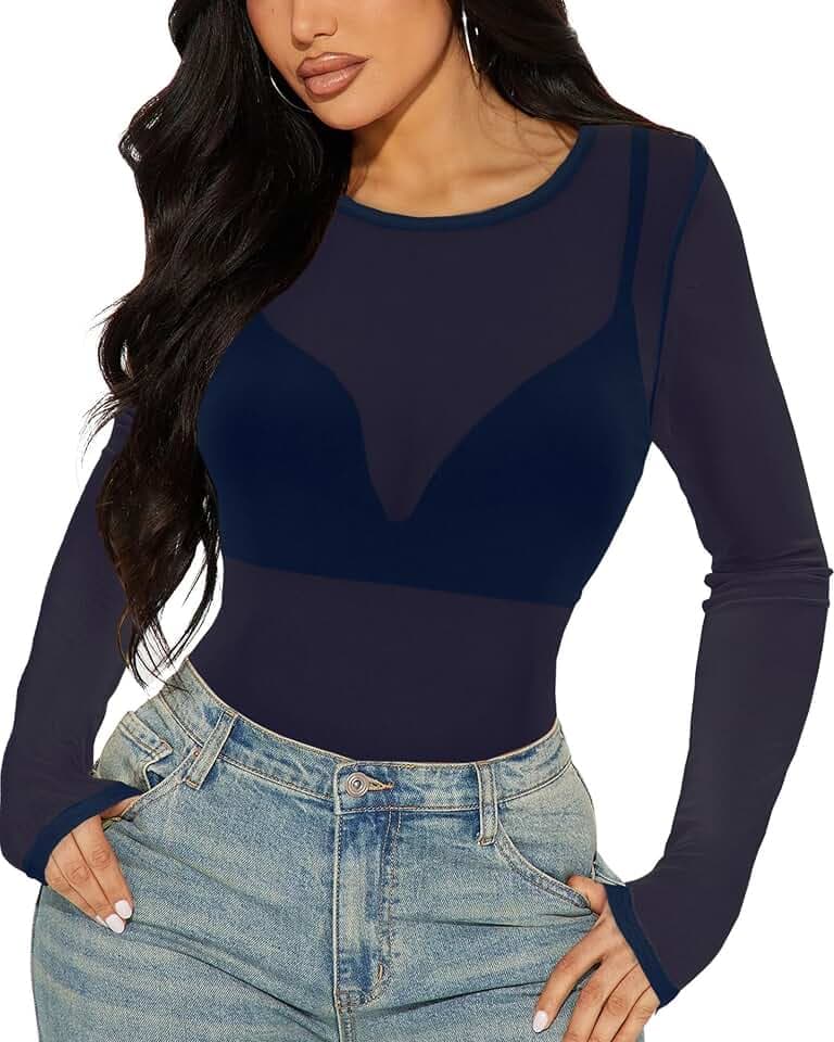 Damen-Bluse aus Netzstoff, langärmelig, Rundhalsausschnitt, durchsichtig