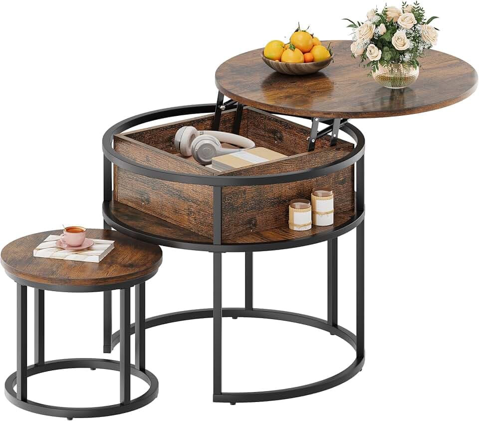 YITAHOME Couchtisch Rund, 2er Set, Wohnzimmertisch Vintage mit Stauraum und Hebeplatte, Couchtisch Höhenverstellbar für Wohnzimmer, 60x60x50cm,38x38x30cm