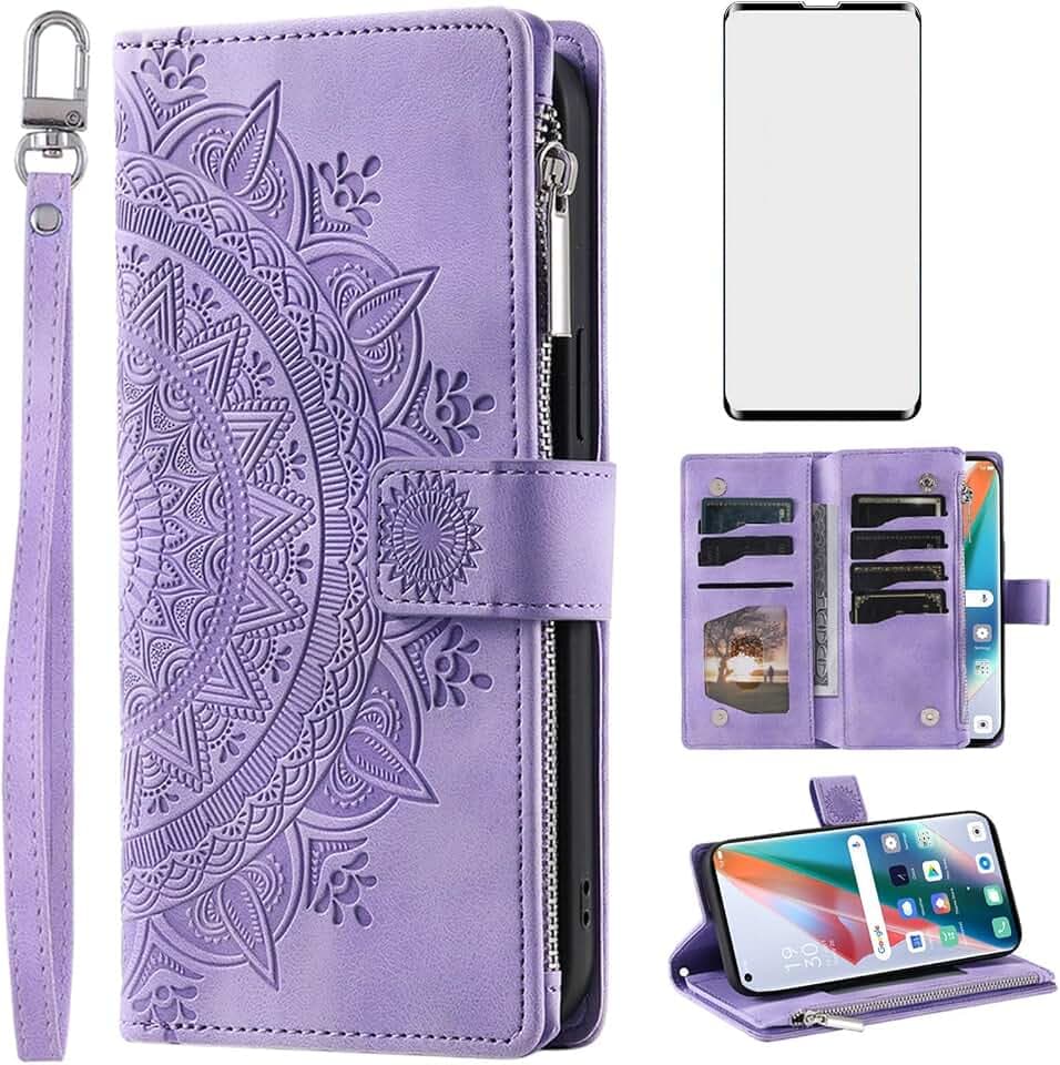 Asuwish Schutzhülle für OPPO Find X3/X3 Pro 5G, Brieftaschen-Schutzhülle mit gehärtetem Glas, Displayschutzfolie und Handschlaufe, Mandala-Blume, Leder, Flip-Reißverschluss, Kartenhalter, Handyhülle,