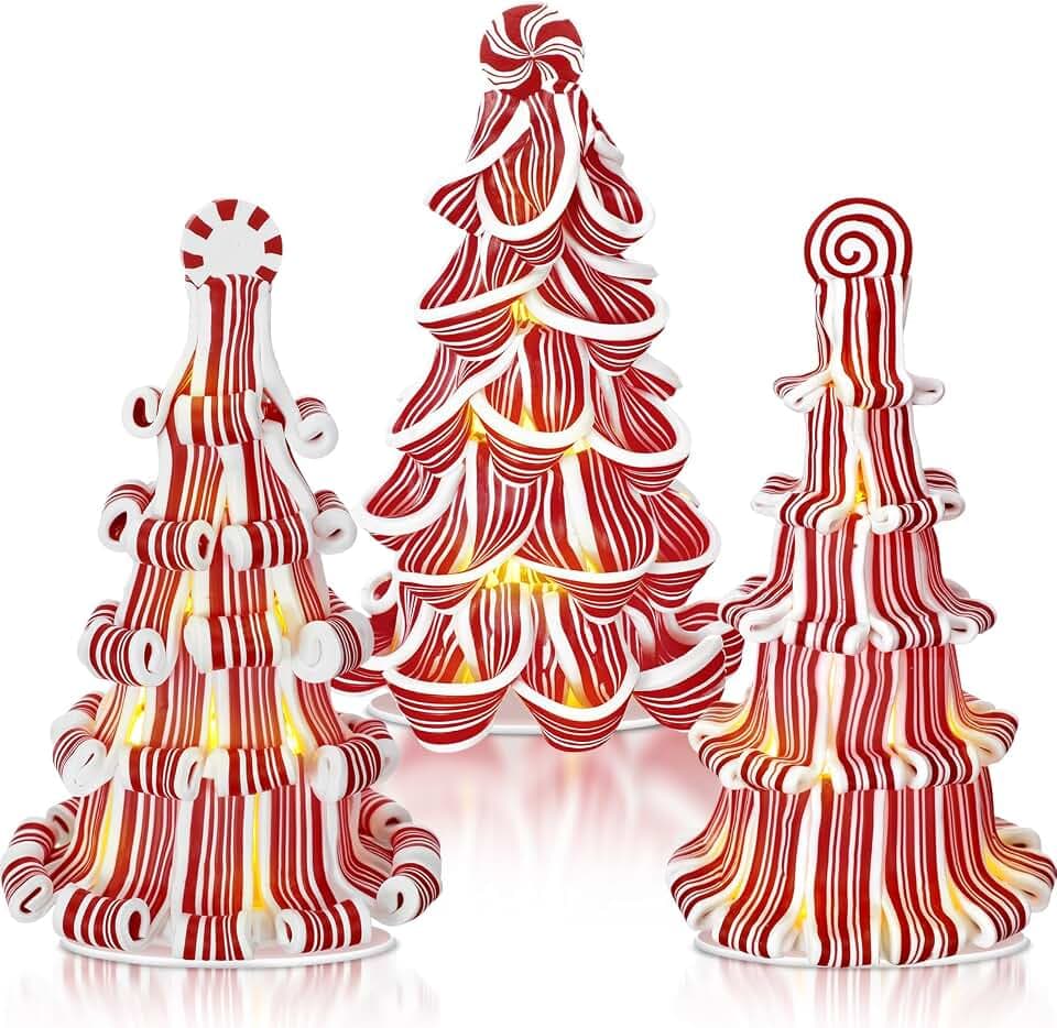 Suzile 3 Pcs Christmas Candy Tree Tabletop Decor 7 Inch Light up Pink White