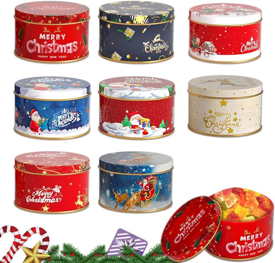 8Pcs Mini Weihnachtskeksdosen, Weihnachts Blechdose mit Deckel, Mini Metalldose mit Deckel, Weihnachtsgeschenkset, für Weihnachts Party, DIY Süßigkeitendose Gewürze, Geschenkverpackung, Party Deko