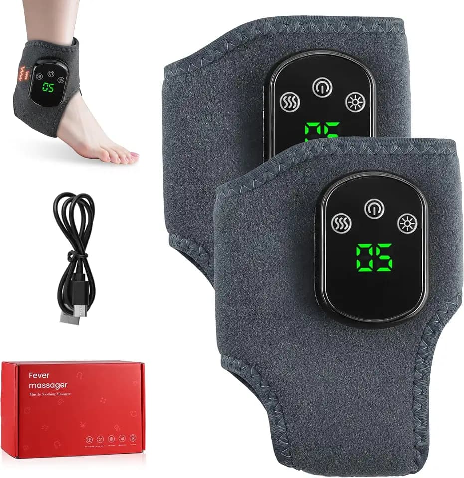 Kabelloses Fußmassagegerät, 3-in-1 Knöchelmassagegerät mit Wärme & Vibration, 1800mAh Akku, 5 Heizstufen & 3 Vibrationsmodi, Beheizte Fußgelenk-Wickel zur Schmerzlinderung und Entspannung(2er Set)