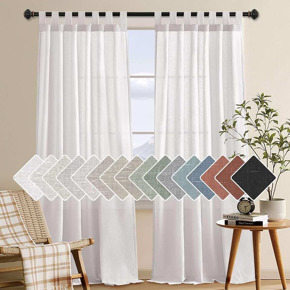 H.VERSAILTEX Linen Curtains Semi Sheer Curtains 84 inches Long Tab Top Living Room Curtains Energy Saving Light Filtering Window Treatments Draperies for Bedroom Not Solid, 2 Panels, Heathered White
