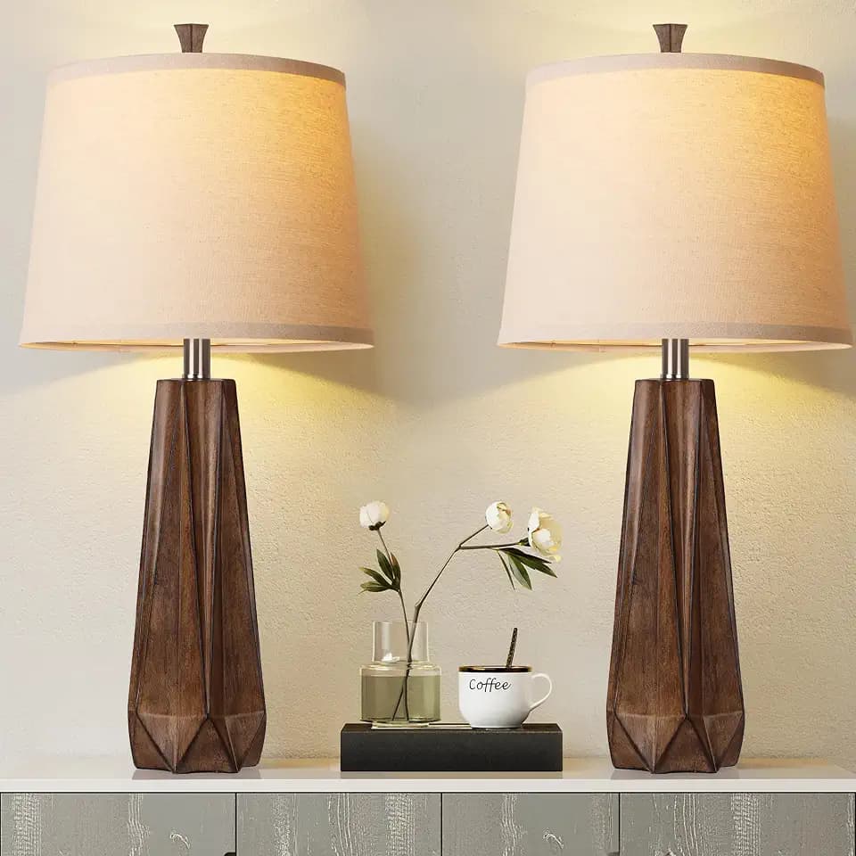 WIHTU 27" Wood Grain Resin Table Lamp Set of 2,Modern Beside Lamp for Decor