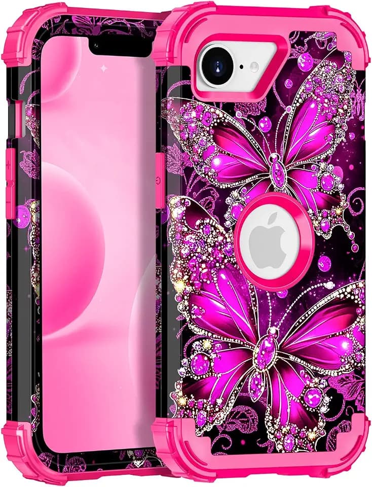 Casetego for iPhone 17e Case,iPhone 16e Case,Glow in The Dark Three Layer Heavy Duty Sturdy Shockproof Full Protection Rugged Hard PC+Soft TPU Bumper Case for Apple iPhone 17e/16e 6.1 inch,AllHotPink