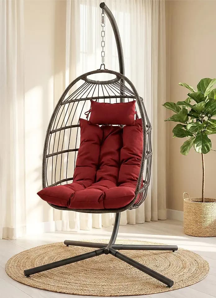 SereneLife Hanging Egg Chair with Stand - Wicker Rattan Swing