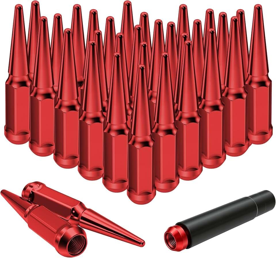 M14x2.0 Red Wheel Spike Lug Nuts, 14mmx2.0 Spiked Lug Nut with 1 Socket Key, 4.4" Tall Cone Seat Closed End 3/4" Hex Lugnut Compatible with 2007-2014 Expedition Navigator, Set of 32