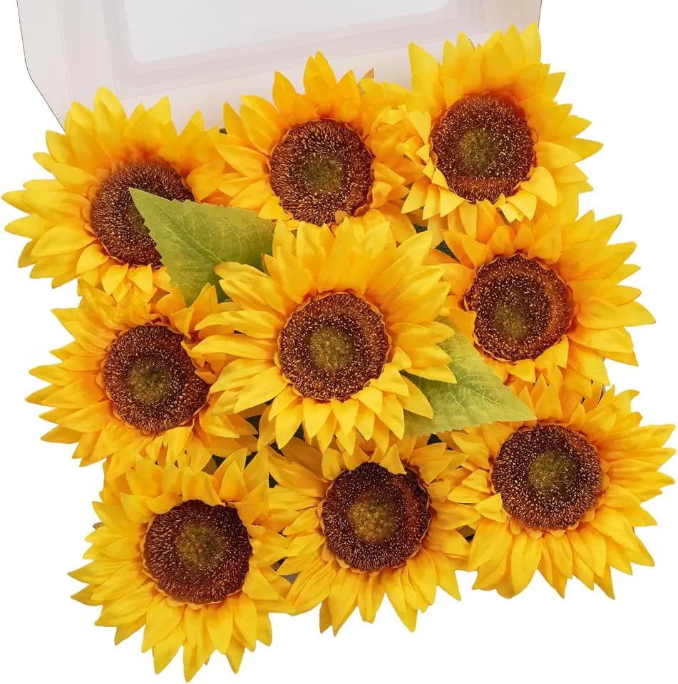 TINGE TIME 9 pcs Sunflowers Artificial Flowers, 6'' Silk Fake Sunflowers with Stems, Yellow Faux Sunflowers for DIY Outdoors Decor Home Decor Tables Centerpieces