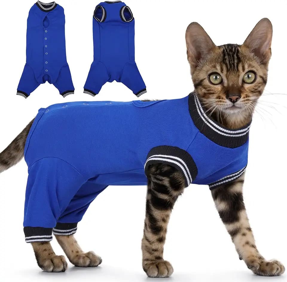 PUMYPOREITY Cat Recovery Suit for Hind Legs, Cat Surgical Spay Suit with Leg Sleeves to Stop Licking, Long Rear Sleeve Wound Cover Abdomen Kitten Onesie, Blue, XL