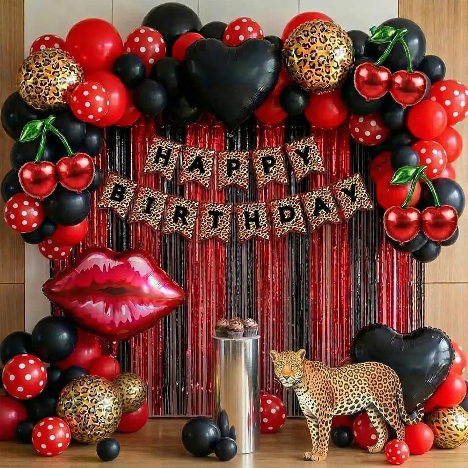 Cheetah print party decorations with Red and Black polka dot Balloon Arch & lips cherries black hearts foil balloons & Leopard print banner foil Tinsel Fringe for Girls Woman Birthday decorations