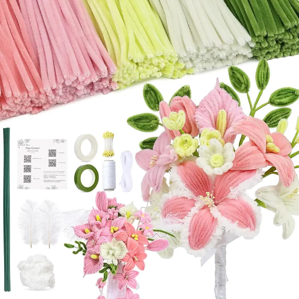 LENYNAL 500 Pcs Pink Pipe Cleaner Flower Kit, Pastel Pipe Cleaners Bulk Craft, Glue-Free & Safe for Kids, Step-by-Step Tutorial, 5 Colors Chenille Stems for Flower Making