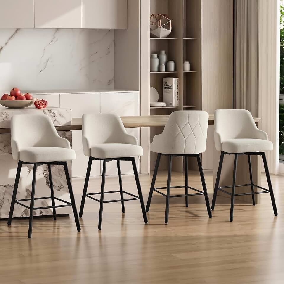 KISLOT 26" Counter Height Swivel Bar Stools Set of 4, Upholstered Fabric Barstools with Back, Metal Legs for Kitchen Island Dining Room, Linen