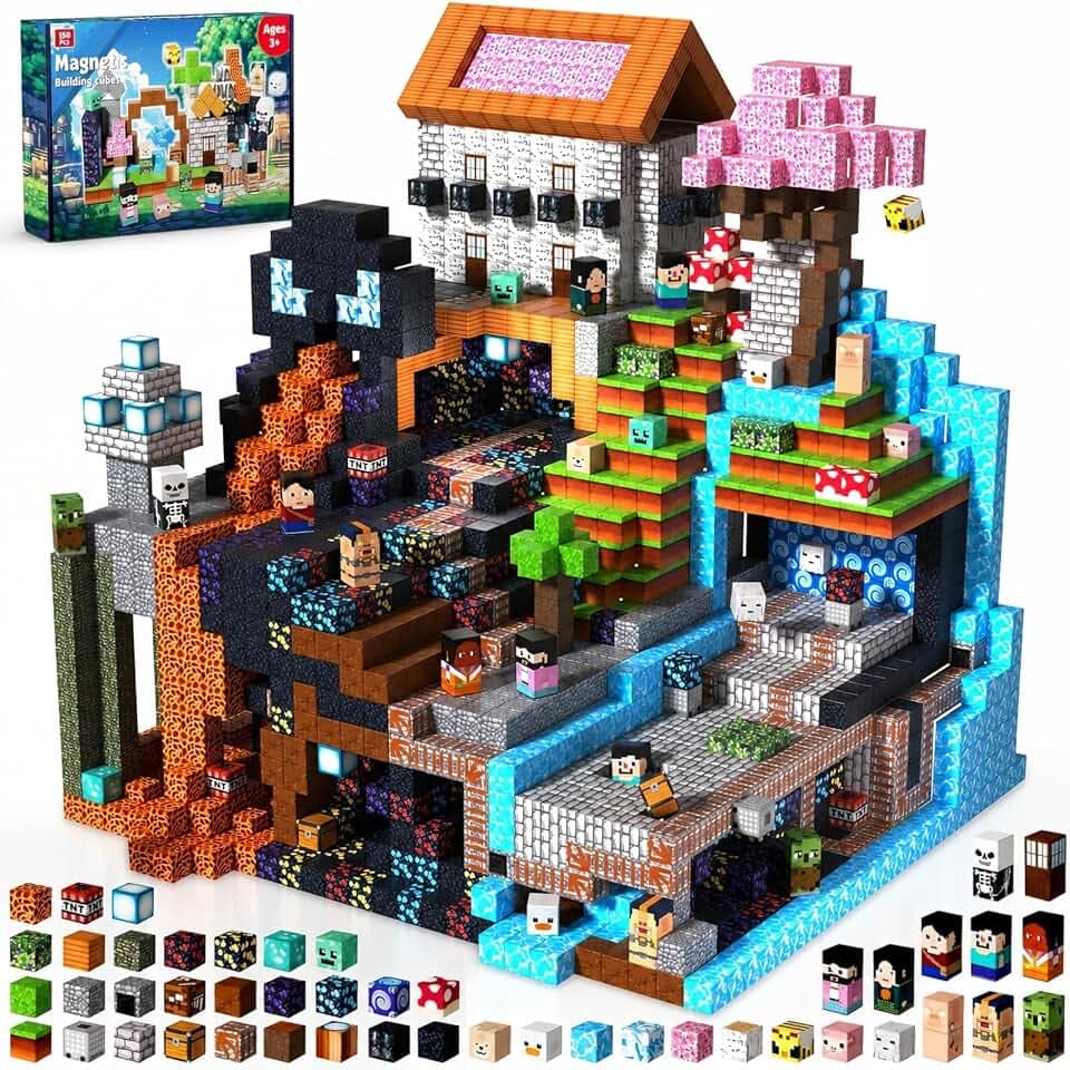 Magnetische Bausteine 150 Teile »Block-Abenteuer« – Inspiriert vom Kult-Film! Magnetbausteine mit Skeletten, Gleisen & Familien-Figuren Kinder Spielzeug ab 4 5 6 7 Jahren