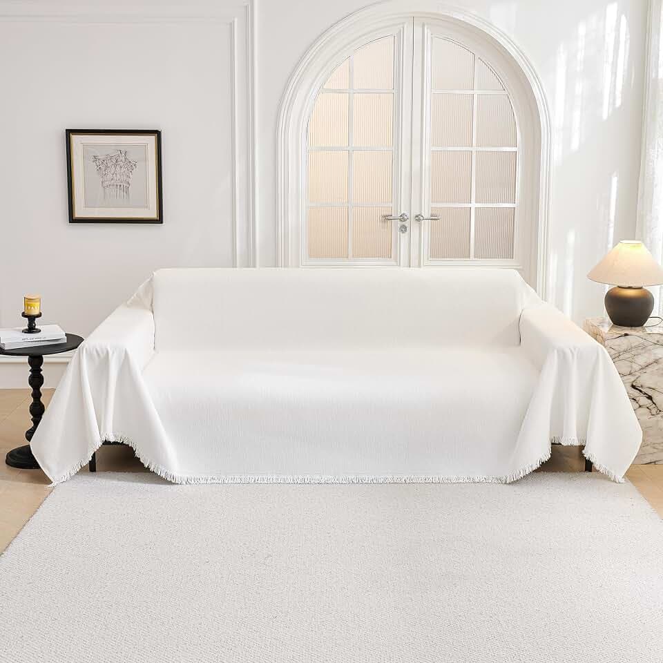 MYSKY HOME Couch Covers Couch Cover for Dogs Washable, Couch Covers for Sectional Sofa, Sofa Covers for 3 Cushion Couch Sofa Cover for Living Room Furniture Protector for Pets, Kids, 91"x134", White