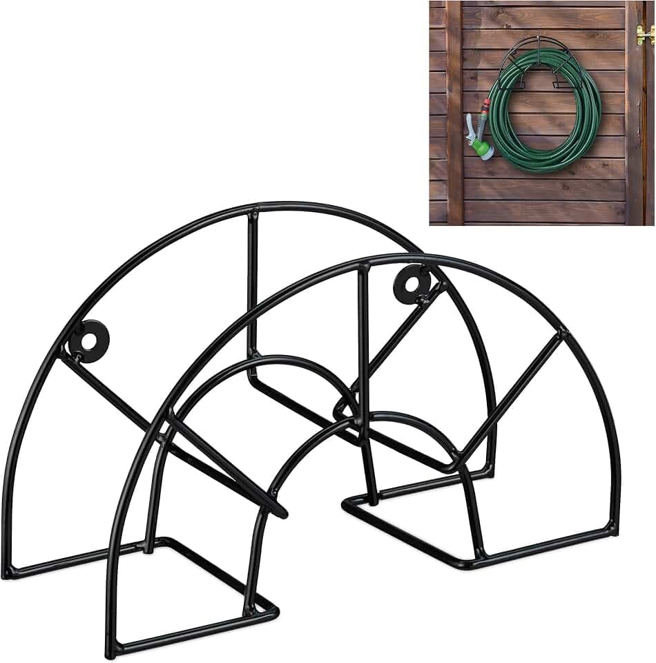 Relaxdays Schlauchhalter, für 45 m 5/8" Schlauch, Schlauchaufhängung Wand, Stahl, runder Gartenschlauchhalter, schwarz, 18.5 x 30.5 x 12.5 cm