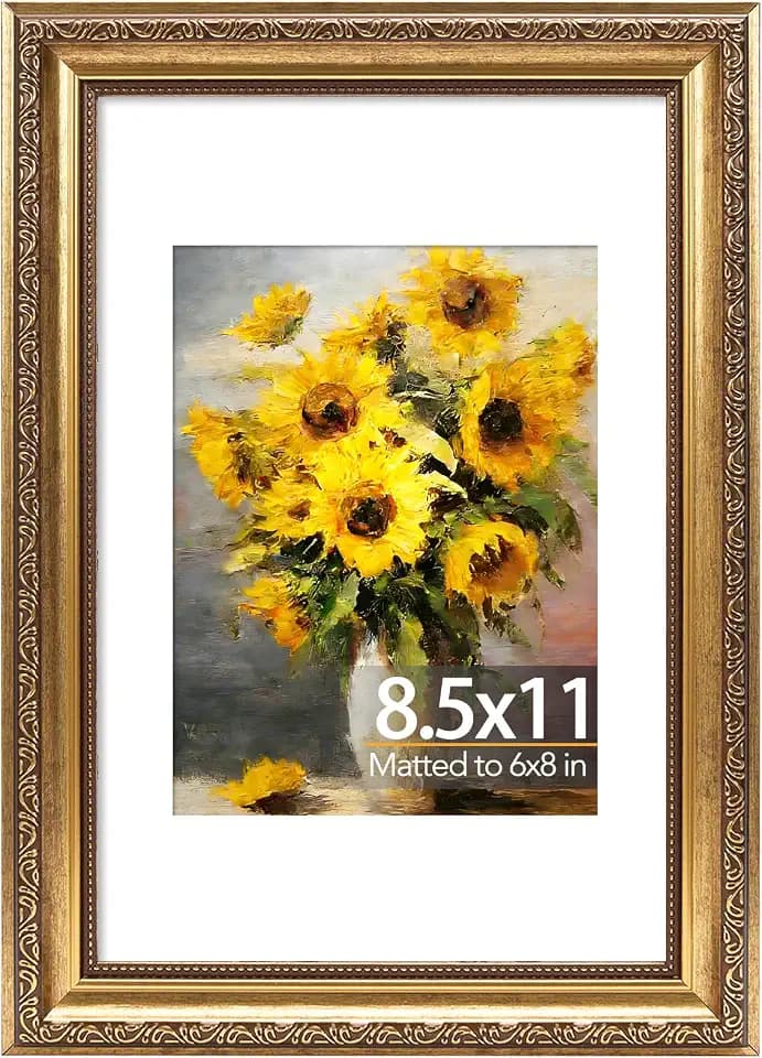 JCJMY 8.5x11 Vintage Picture Frame with 6x8 Mat, Elegant Retro 8.5 by 11 Photo Frame with Shatter-Resistant Plexiglass for Wall or Tabletop Display, Gallery Decor & Gift, Gold, 1 Pack