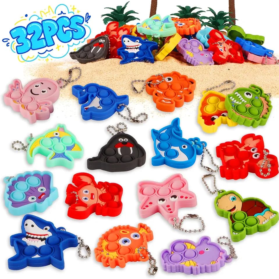 32PCS Sea Animal Pop Fidget Toys Bulk, Mini Pop Keychain,Party Favors for Kids, Goodie Bag Stuffers,Classroom Prizes,Treasure Box Toys