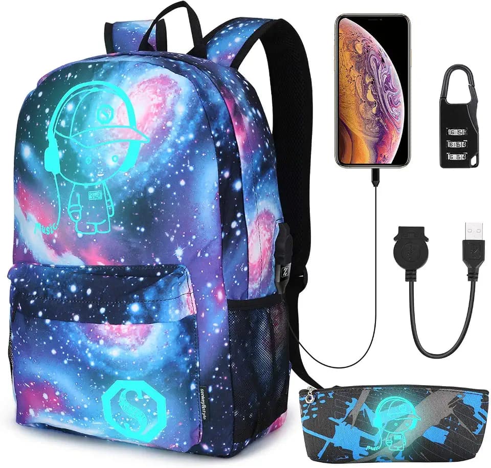 Galaxy Backpack for School, Anime Luminous Backpack College Bookbag Anti-Theft Laptop Backpack with USB Charging Port