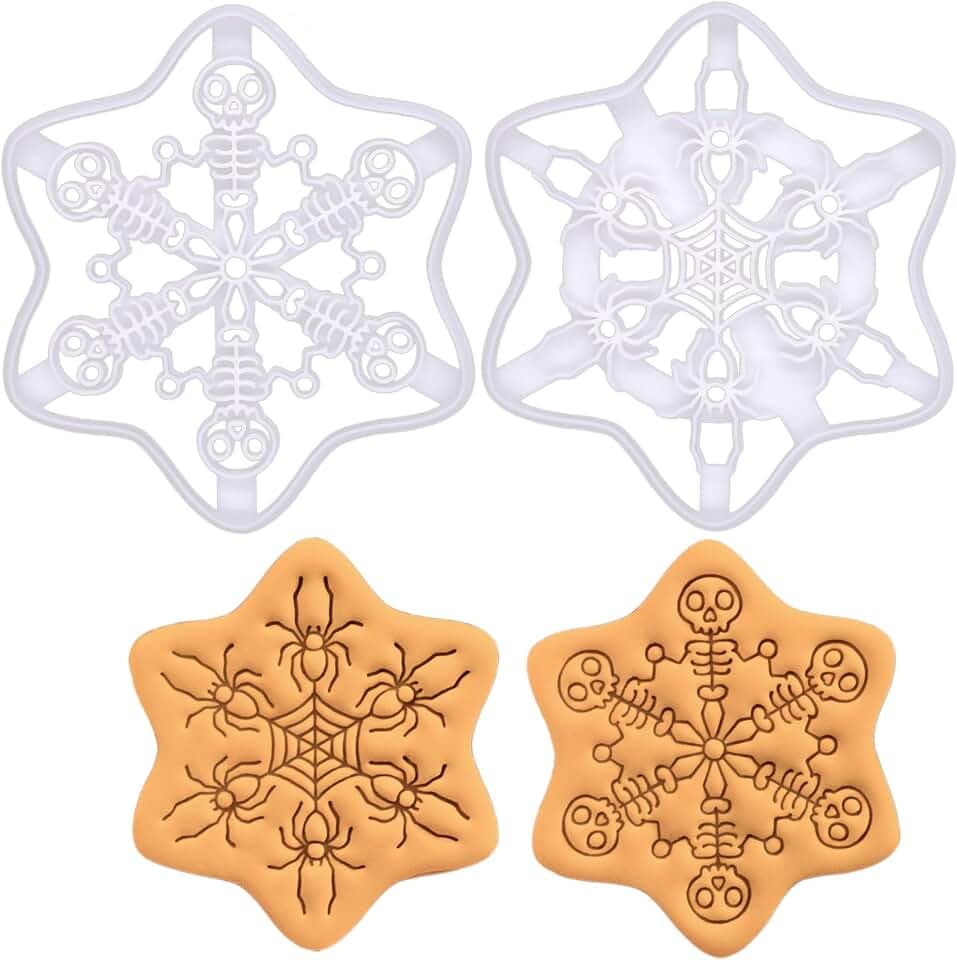 BAKERLOGY 2er-Set Gothic Schneeflocke Ausstechformen – Spinnennetz und Tanzendes Skelett Fondant-Präger für Gruseliges Weihnachts-Backen, Alternative Keksstempel für Dunkle Ästhetik