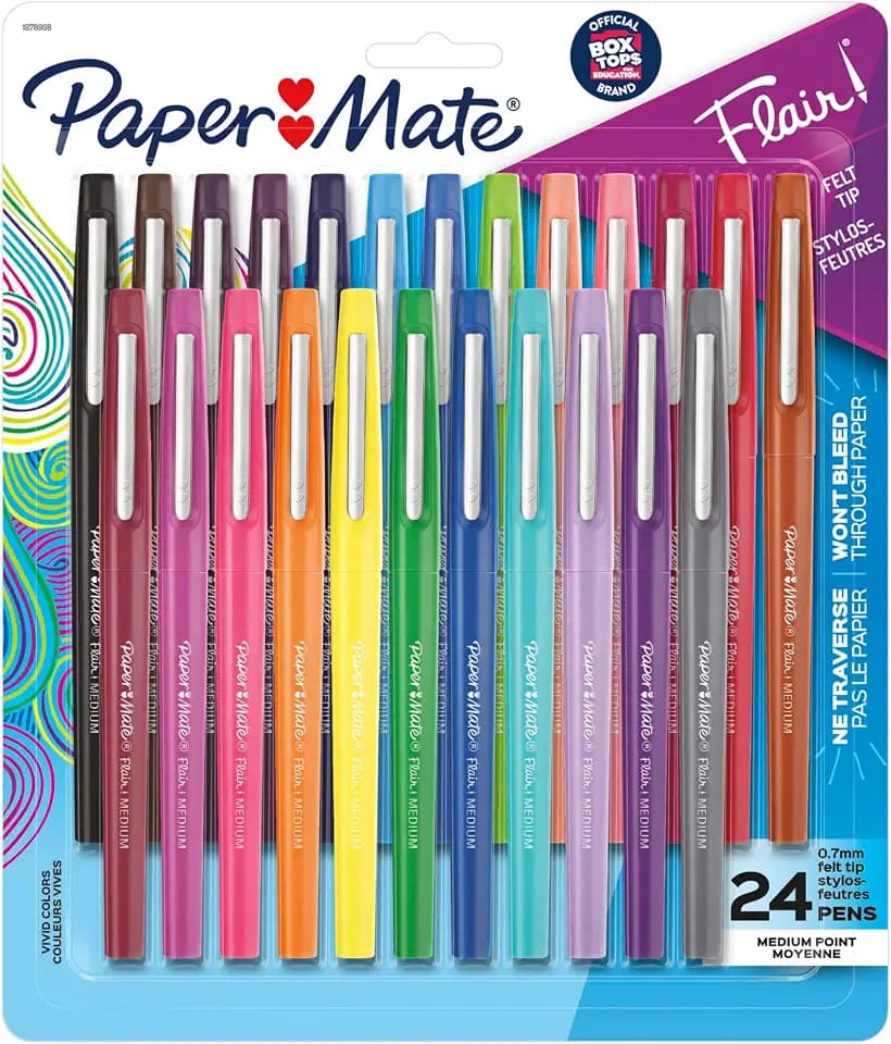 Paper Mate Flair Felt Tip Pens, Medium Point, Assorted Colors, 24 Count - Home, Office, Back to School, Teacher Supplies