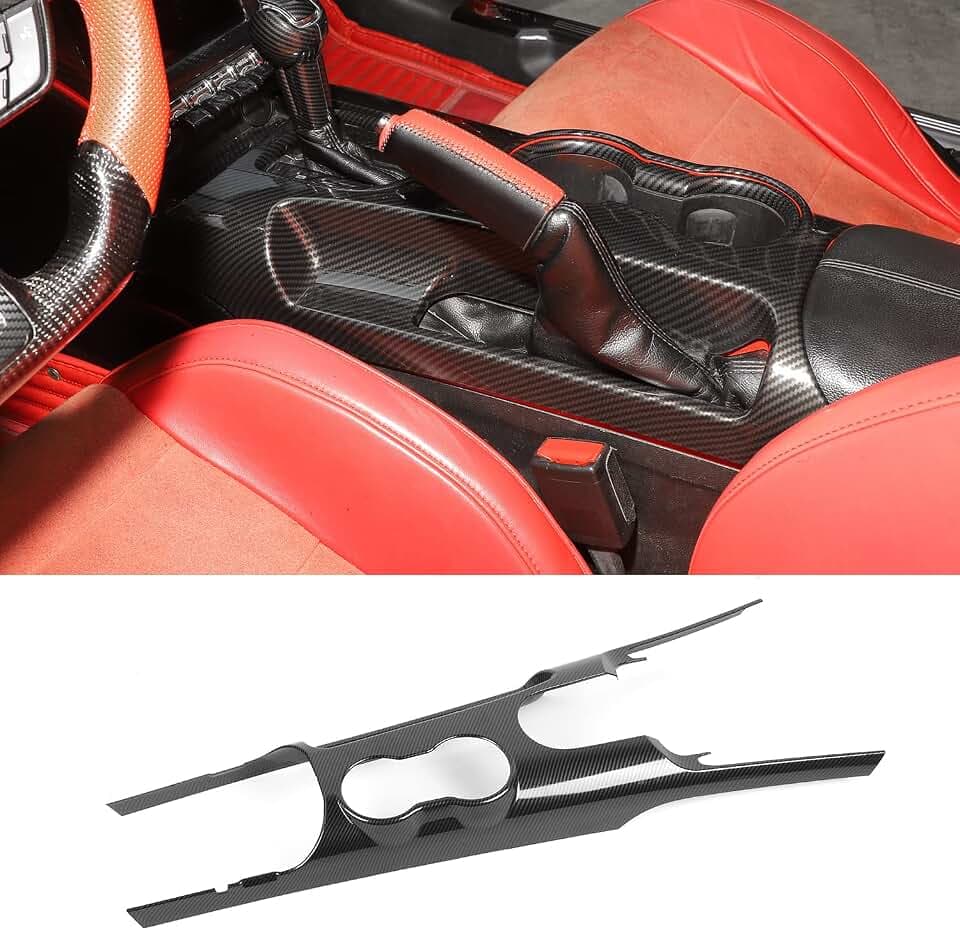 RT-TCZ Carbon Fiber Center Console Gear Shift Panel Trim Cover Cup Holder Frame Interior Decoration Kit Accessories for Ford Mustang 2015-2022
