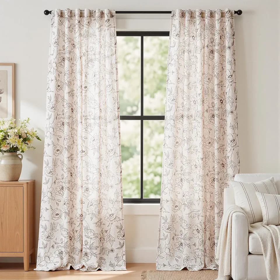 jinchan Floral Linen Curtains for Living Room 96 Inch Length Brown Flower Curtain Rod Pocket Back Tab Farmhouse Curtains with Printed Floral Bedroom Window Curtain Set, 2 Panels Brown