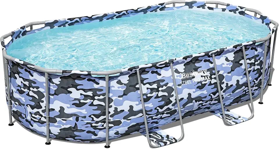 Bestway: Steel Pro Max - Oval Swimming Pool Set - 14' x 8'2" x 39.5, Blue Camo - Above Ground, Tritech Construction, Filter Pump, Ladder, 1,915 Gal.