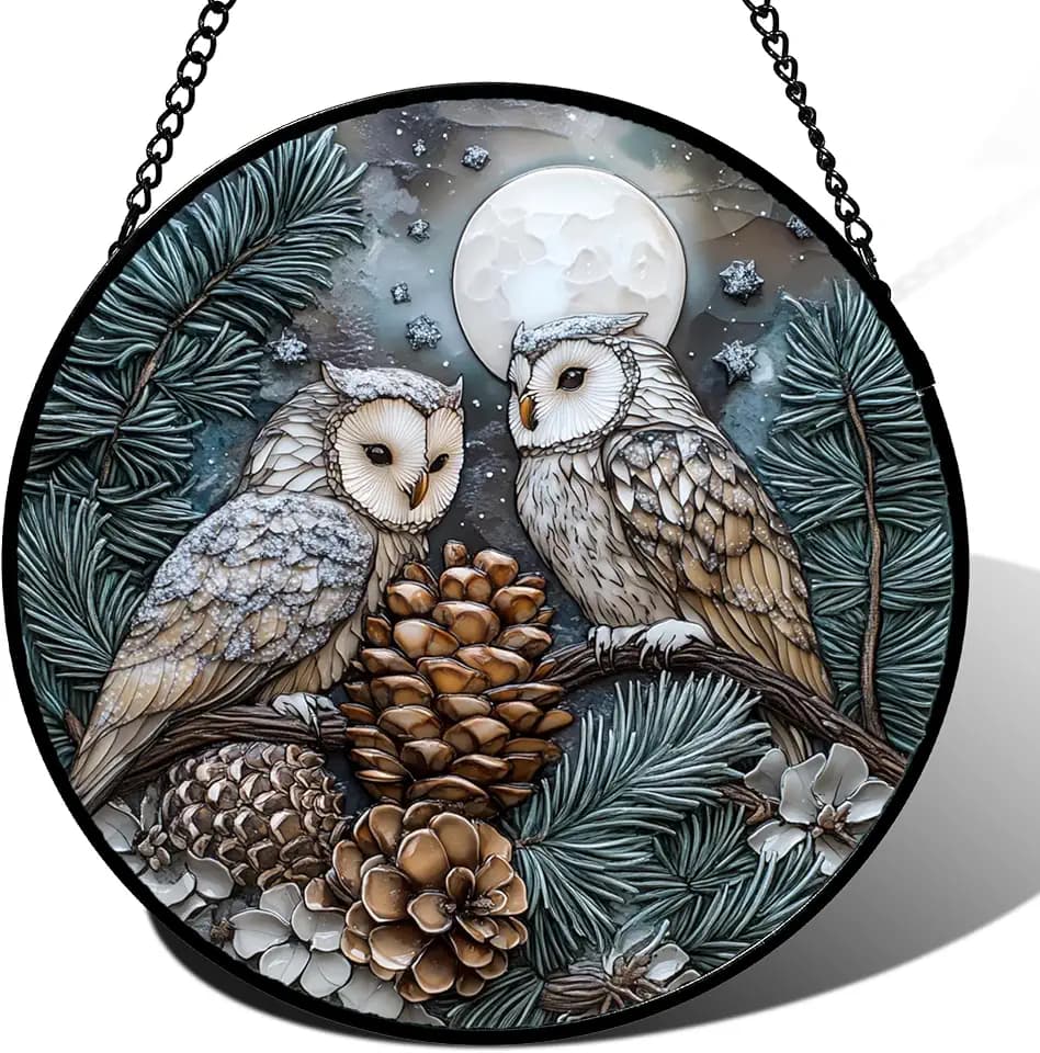 Owl Pinecones Forest Stained Glass Window Hanging Suncatcher Gifts 9.8"