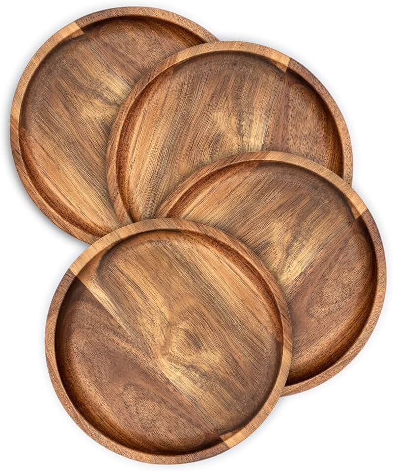 Acacia Wood Round Dinner Plates 6 Inch - Serving Tray & Platters for Home Decor, Food, Vegetables, Fruit, Charcuterie, Appetizer (Set of 4 Wooden Charger)