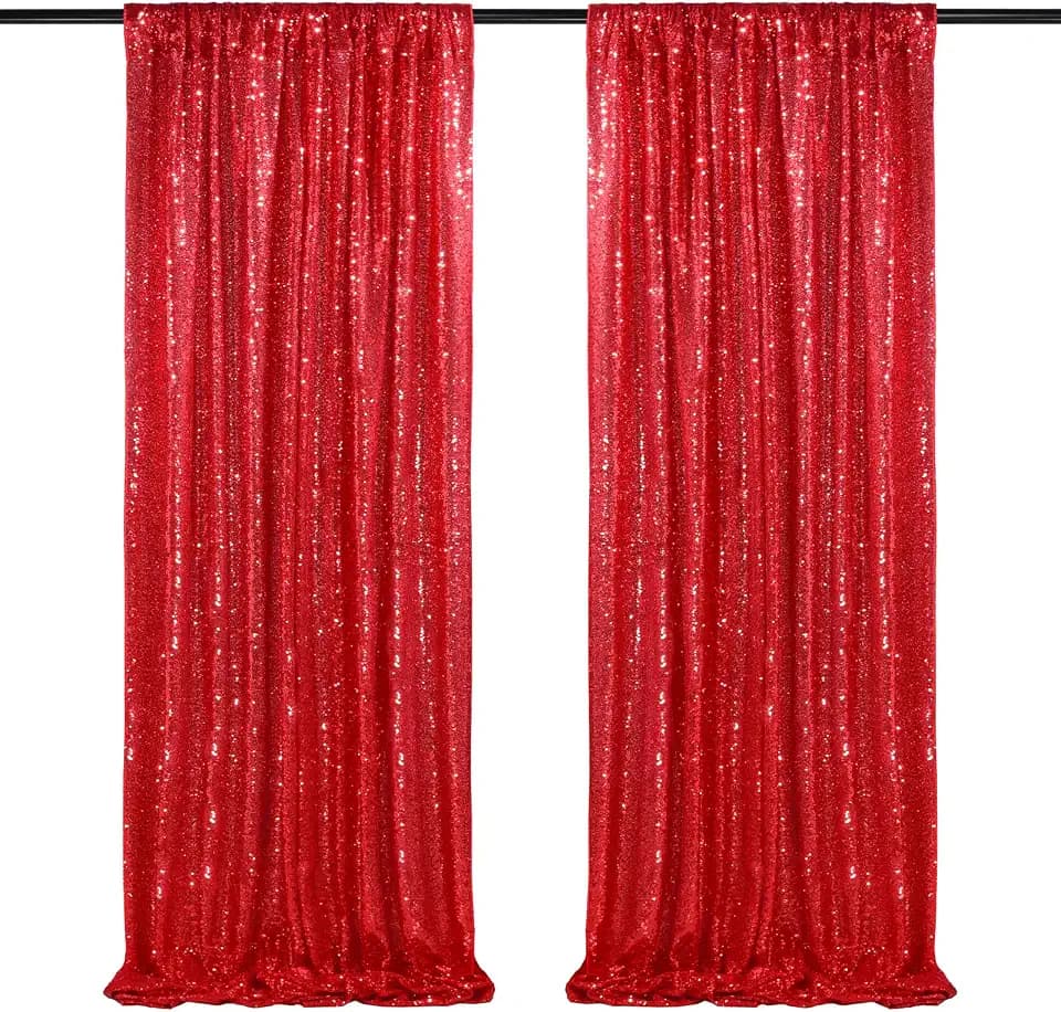 QueenDream Red Sequin Backdrop 2 Panels 2FTx8FT Christmas Party Backdrop