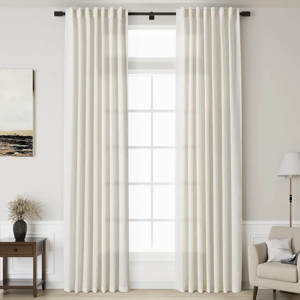 Linen Cream Curtains 124 Inch Extra Long for Living Room Back Tab Light Filtering Semi Sheer Drapes Modern Farmhouse Coastal Decor Cotton Textured Curtain for Floor to Ceiling Window 52x124