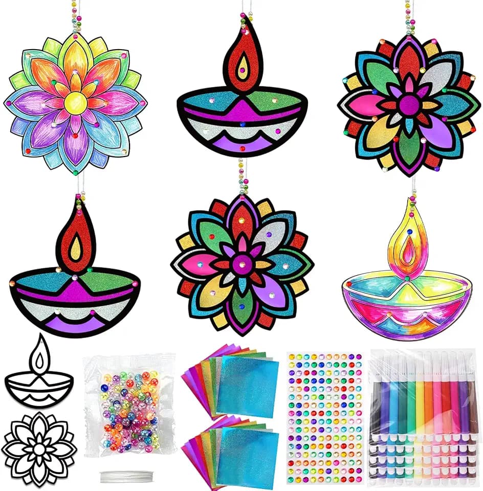 ANYMONYPF 24 Set Happy Diwali Craft Kits Diwali Foil Art DIY Mandala Flower Rangoli Hanging Lantern Festival of Lights Deepavali Paint Craft for Indian Temple Sunday Activity Supplies