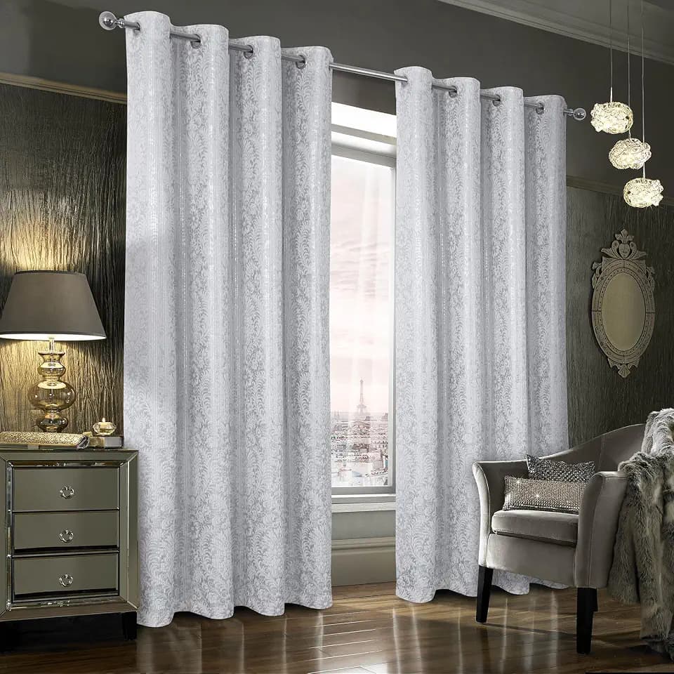 always4u 100% Blackout Foil Print Ridged Velvet Curtains Damask 108 Inches Long Drapes 2 Panels Shiny Metallic Window Treatment White 54 * 108 Inches