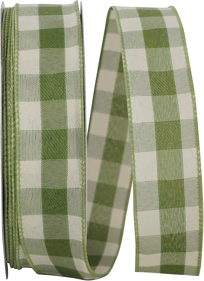 Reliant Ribbon 93228W-043-09K Plaid Twill Wired Edge Ribbon, 1-1/2 Inch X 50 Yards, Moss
