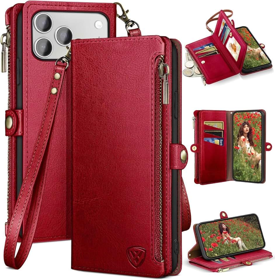 XcaseBar compatible with iPhone 17 Pro Max 6.9" Wallet case with Zipper Credit Card Holder【RFID Blocking】,Flip Folio Book PU Leather Phone case Shockproof Cover Women Men for Apple 17 Pro Max case Red