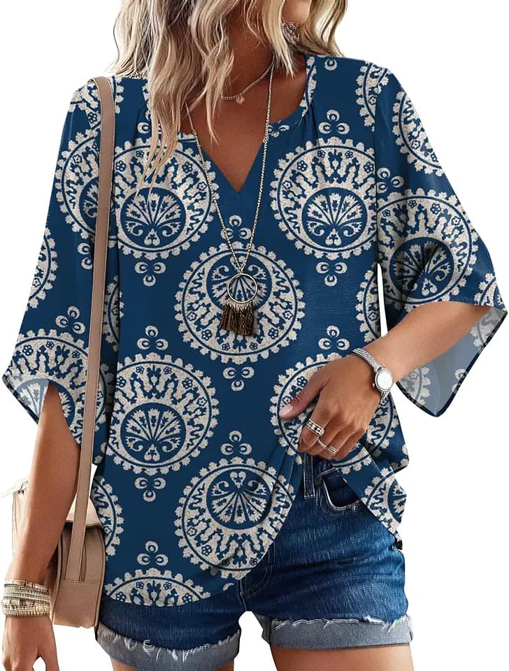 LOMON Women's 3/4 Length Sleeve Boho Tops V Neck Casual Vacation Clothes Loose Fit Tunic Shirts S-3XL