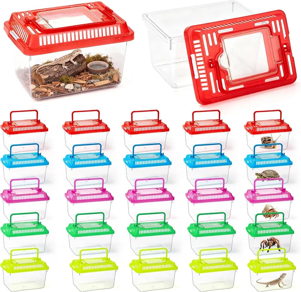 25pcs Plastic Reptile Terrariums 5.1×3.5×3.5in Carrier Cage 5 Colors Lid