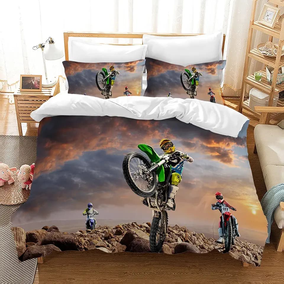 Motocross Bettwäsche Sets, 3D-gedrucktes Muster von Extremsport-Motorrad-Themen-Bettbezug mit 2 Kissenbezügen, für Erwachsene und Kinder (135 x 200 cm, Moto2)