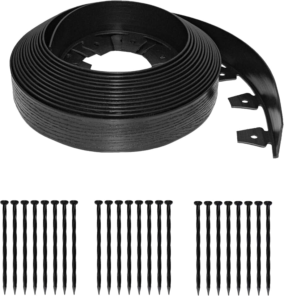 EasyFlex Tall Wall No-Dig Landscape Edging with Anchoring Spikes, 2.5 in. Tall Straight Top Plastic Garden Border with Woodgrain Texture, 40 Foot Kit, Black (3220E-40C)