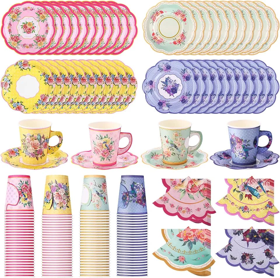 300 Pcs disposable paper tea cups for tea party Bulk, include 9 oz Floral Paper Tea Cup Set with Handle and Saucers 10" vintage Napkins for Floral Tea Party Wedding Baby Shower(Multiple Colour)